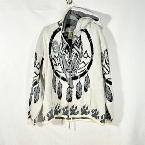 Ruminahui Wolf Dreamcatcher Knit Hooded Sweater XL Native Festival Western Aztec